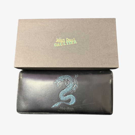 Jean Paul Gaultier Vintage Dragon Black Bifold Leather Wallet Clutch